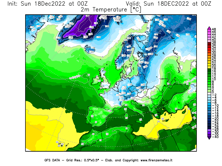 Mappa di analisi GFS - Temperatura a 2 metri dal suolo [°C] in Europa
							del 18/12/2022 00 <!--googleoff: index-->UTC<!--googleon: index-->