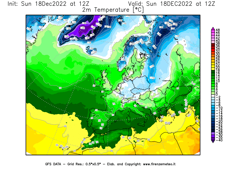 Mappa di analisi GFS - Temperatura a 2 metri dal suolo [°C] in Europa
							del 18/12/2022 12 <!--googleoff: index-->UTC<!--googleon: index-->