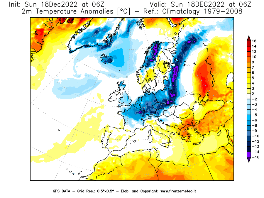 Mappa di analisi GFS - Anomalia Temperatura [°C] a 2 m in Europa
							del 18/12/2022 06 <!--googleoff: index-->UTC<!--googleon: index-->