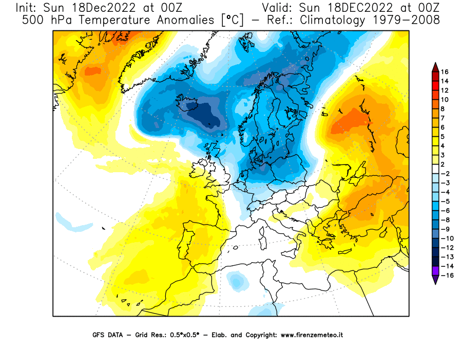 Mappa di analisi GFS - Anomalia Temperatura [°C] a 500 hPa in Europa
							del 18/12/2022 00 <!--googleoff: index-->UTC<!--googleon: index-->