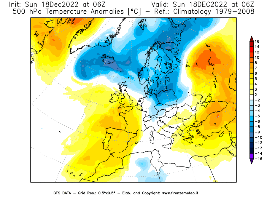 Mappa di analisi GFS - Anomalia Temperatura [°C] a 500 hPa in Europa
							del 18/12/2022 06 <!--googleoff: index-->UTC<!--googleon: index-->