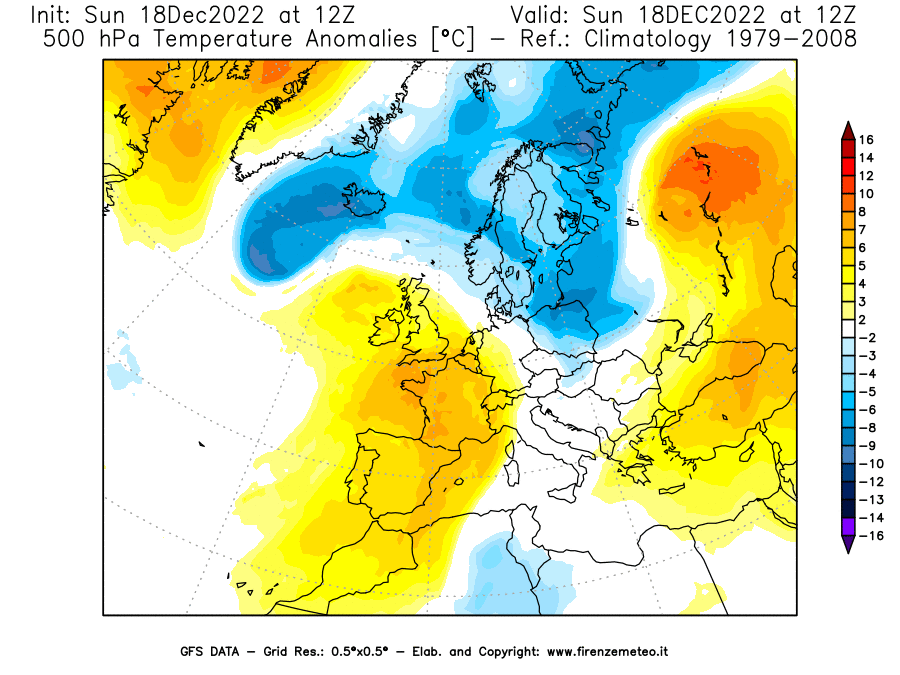 Mappa di analisi GFS - Anomalia Temperatura [°C] a 500 hPa in Europa
							del 18/12/2022 12 <!--googleoff: index-->UTC<!--googleon: index-->