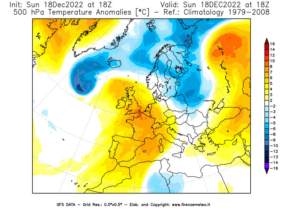 Mappa di analisi GFS - Anomalia Temperatura [°C] a 500 hPa in Europa
							del 18/12/2022 18 <!--googleoff: index-->UTC<!--googleon: index-->