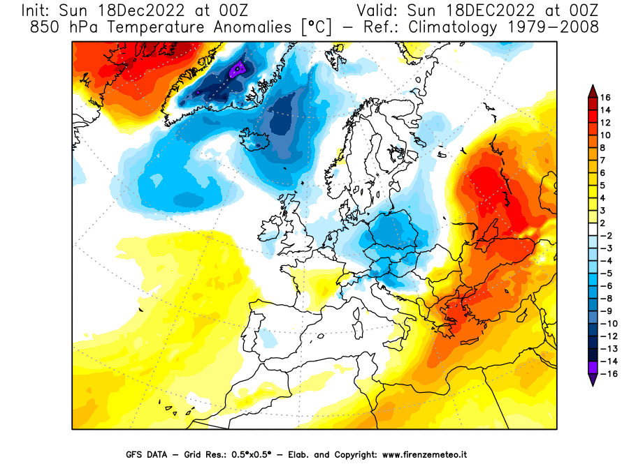 Mappa di analisi GFS - Anomalia Temperatura [°C] a 850 hPa in Europa
							del 18/12/2022 00 <!--googleoff: index-->UTC<!--googleon: index-->
