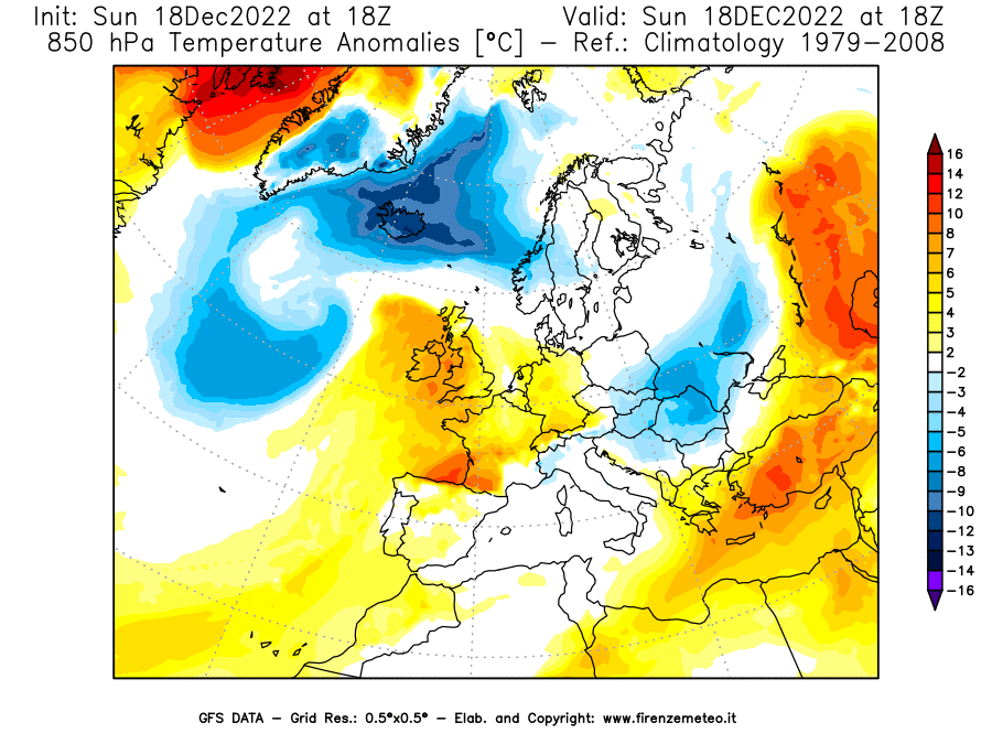 Mappa di analisi GFS - Anomalia Temperatura [°C] a 850 hPa in Europa
							del 18/12/2022 18 <!--googleoff: index-->UTC<!--googleon: index-->