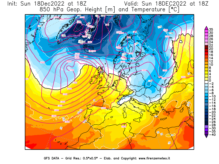 Mappa di analisi GFS - Geopotenziale [m] e Temperatura [°C] a 850 hPa in Europa
							del 18/12/2022 18 <!--googleoff: index-->UTC<!--googleon: index-->