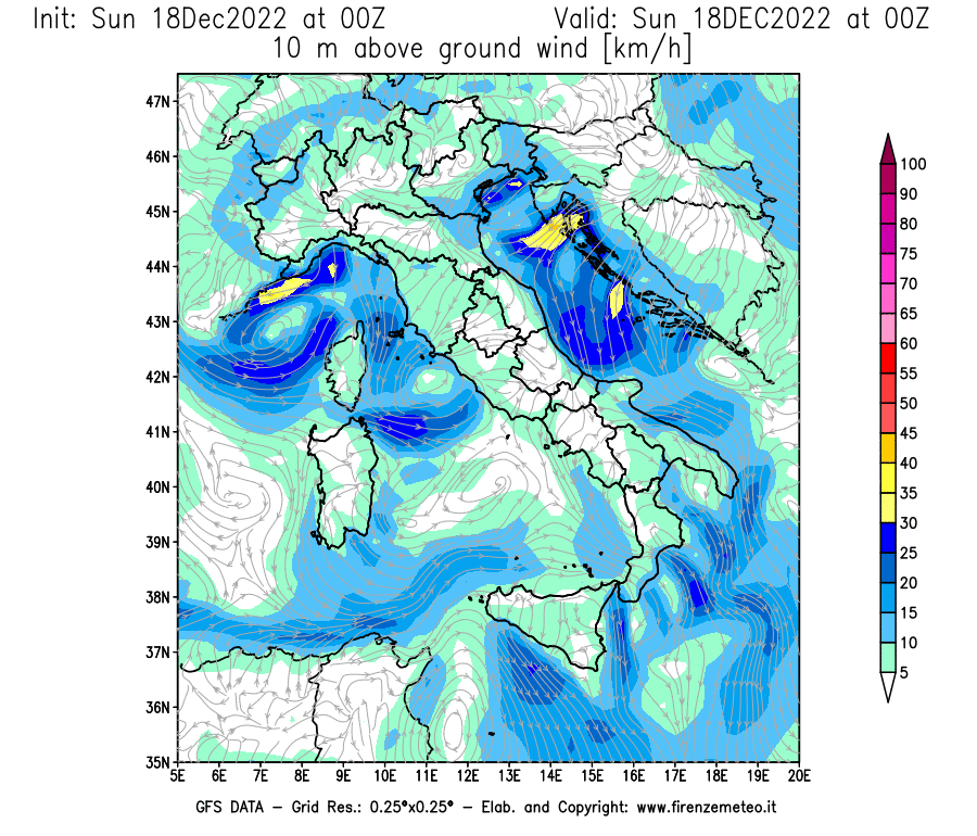 Mappa di analisi GFS - Velocità del vento a 10 metri dal suolo [km/h] in Italia
							del 18/12/2022 00 <!--googleoff: index-->UTC<!--googleon: index-->