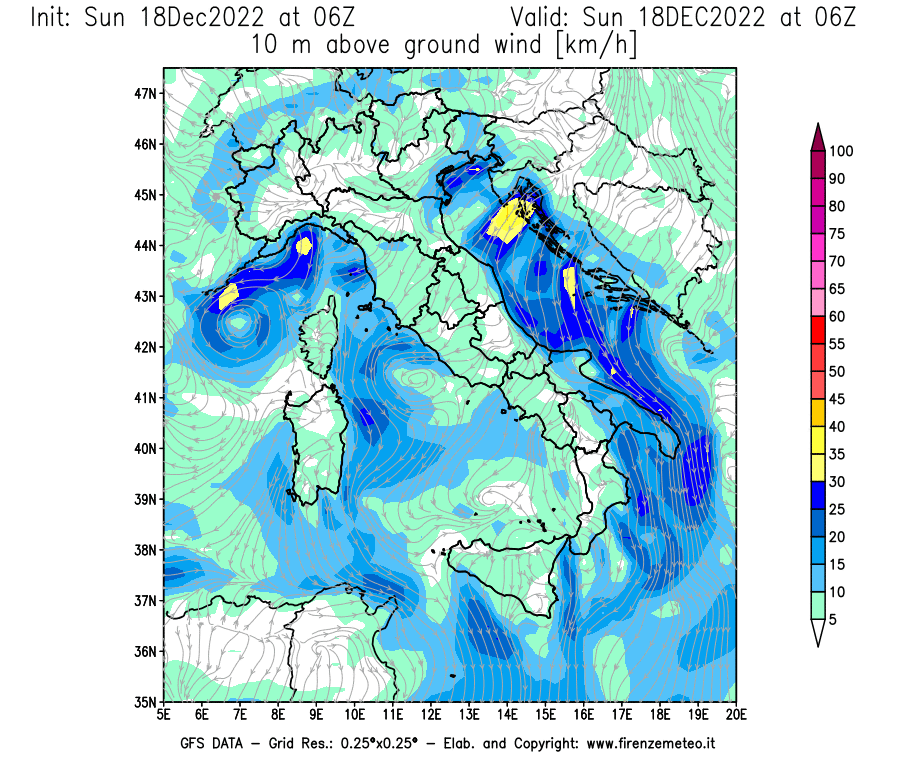 Mappa di analisi GFS - Velocità del vento a 10 metri dal suolo [km/h] in Italia
							del 18/12/2022 06 <!--googleoff: index-->UTC<!--googleon: index-->