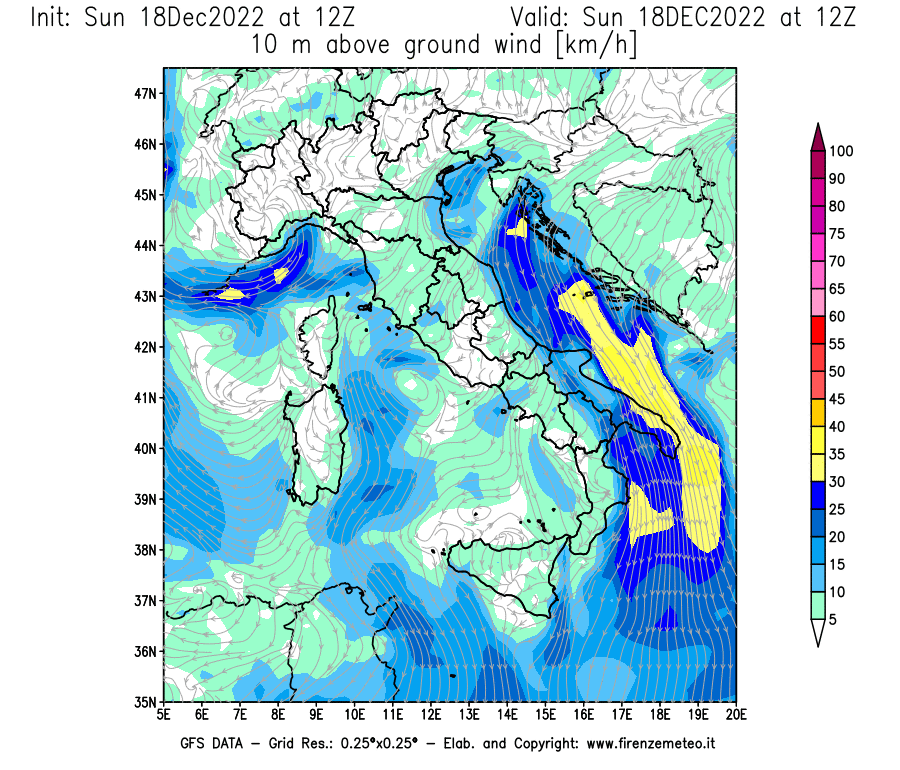 Mappa di analisi GFS - Velocità del vento a 10 metri dal suolo [km/h] in Italia
							del 18/12/2022 12 <!--googleoff: index-->UTC<!--googleon: index-->