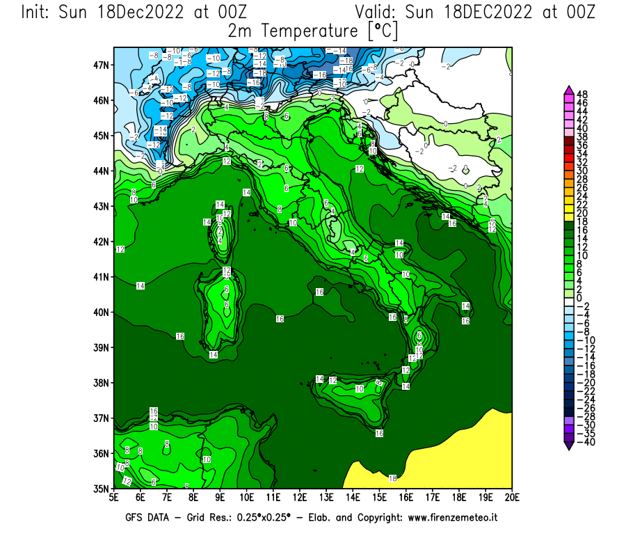 Mappa di analisi GFS - Temperatura a 2 metri dal suolo [°C] in Italia
							del 18/12/2022 00 <!--googleoff: index-->UTC<!--googleon: index-->