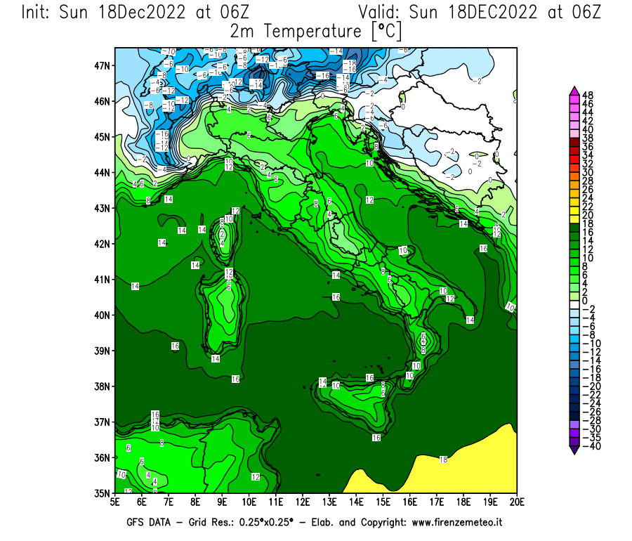 Mappa di analisi GFS - Temperatura a 2 metri dal suolo [°C] in Italia
							del 18/12/2022 06 <!--googleoff: index-->UTC<!--googleon: index-->