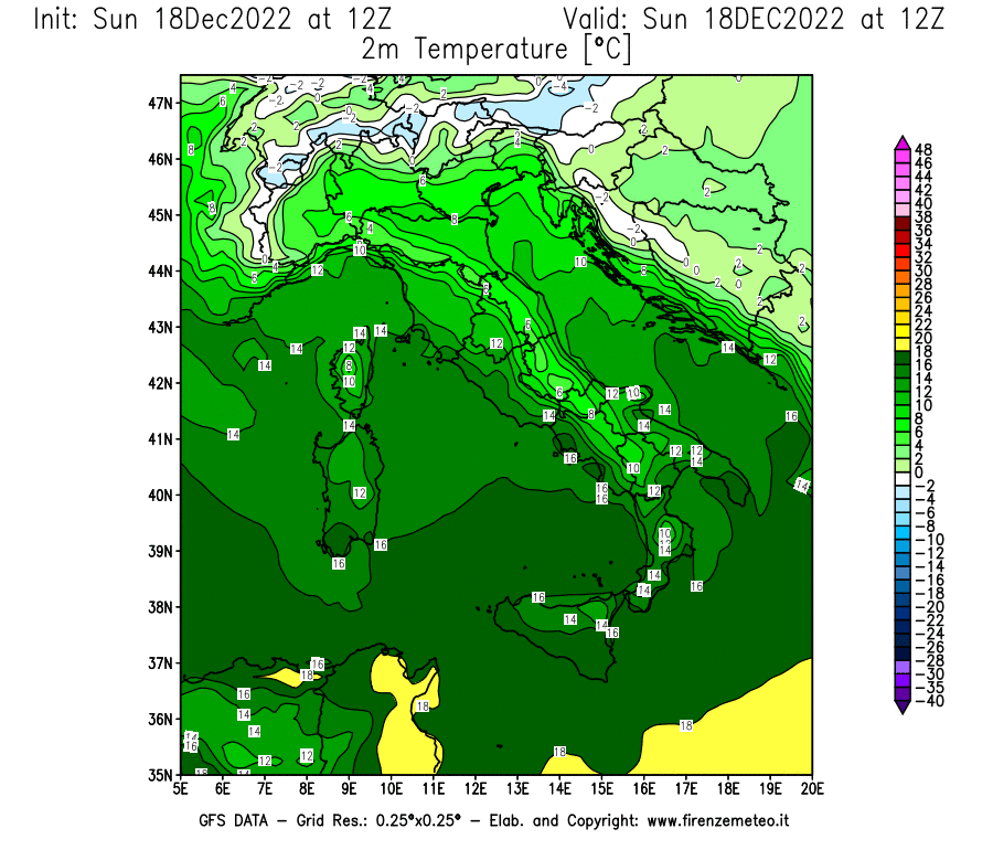 Mappa di analisi GFS - Temperatura a 2 metri dal suolo [°C] in Italia
							del 18/12/2022 12 <!--googleoff: index-->UTC<!--googleon: index-->