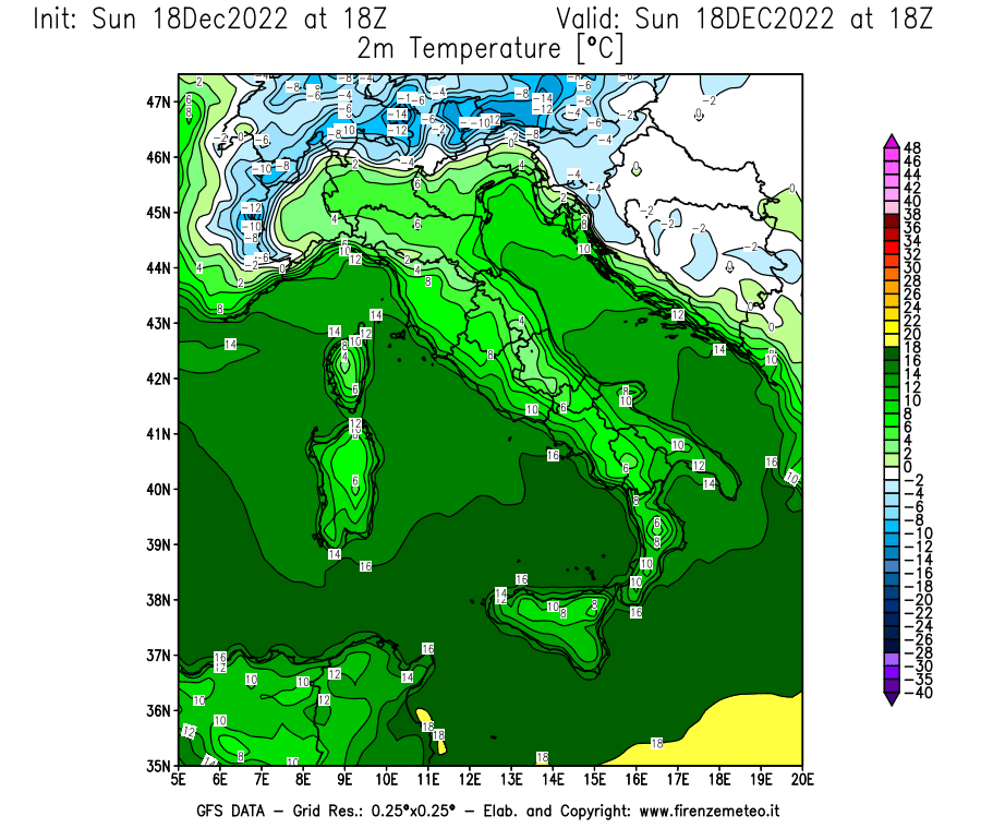 Mappa di analisi GFS - Temperatura a 2 metri dal suolo [°C] in Italia
							del 18/12/2022 18 <!--googleoff: index-->UTC<!--googleon: index-->