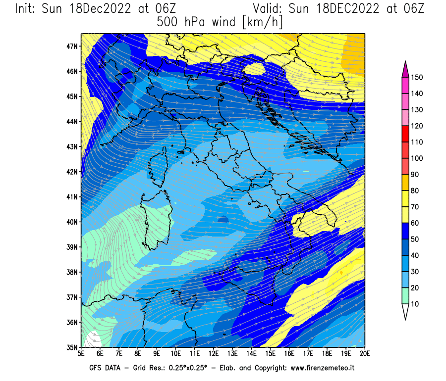 Mappa di analisi GFS - Velocità del vento a 500 hPa [km/h] in Italia
							del 18/12/2022 06 <!--googleoff: index-->UTC<!--googleon: index-->