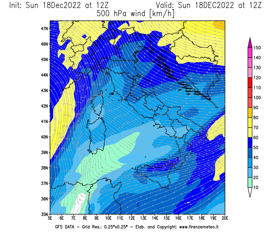 Mappa di analisi GFS - Velocità del vento a 500 hPa [km/h] in Italia
							del 18/12/2022 12 <!--googleoff: index-->UTC<!--googleon: index-->