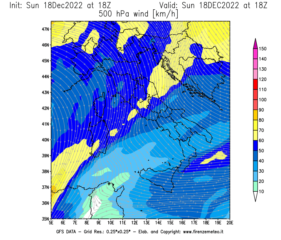 Mappa di analisi GFS - Velocità del vento a 500 hPa [km/h] in Italia
							del 18/12/2022 18 <!--googleoff: index-->UTC<!--googleon: index-->