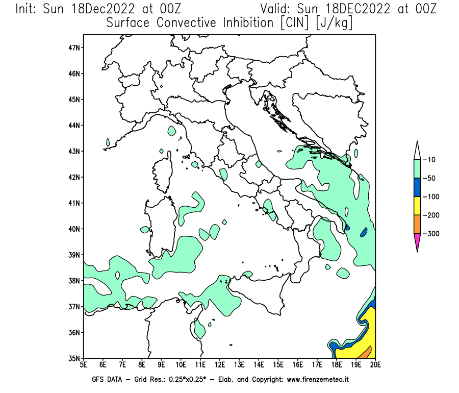 Mappa di analisi GFS - CIN [J/kg] in Italia
							del 18/12/2022 00 <!--googleoff: index-->UTC<!--googleon: index-->