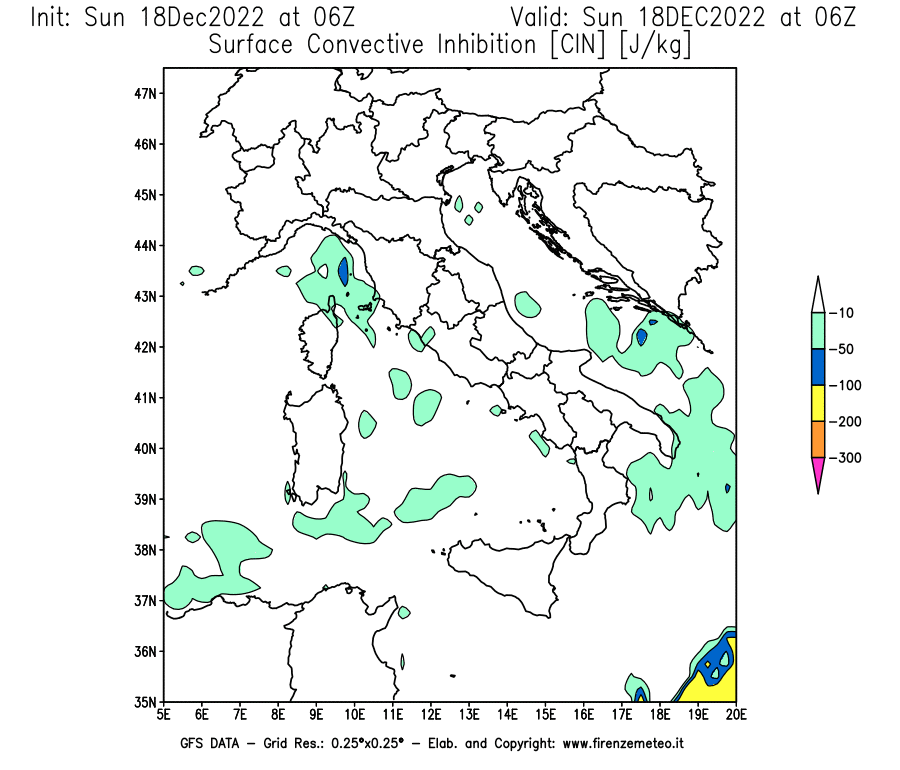Mappa di analisi GFS - CIN [J/kg] in Italia
							del 18/12/2022 06 <!--googleoff: index-->UTC<!--googleon: index-->