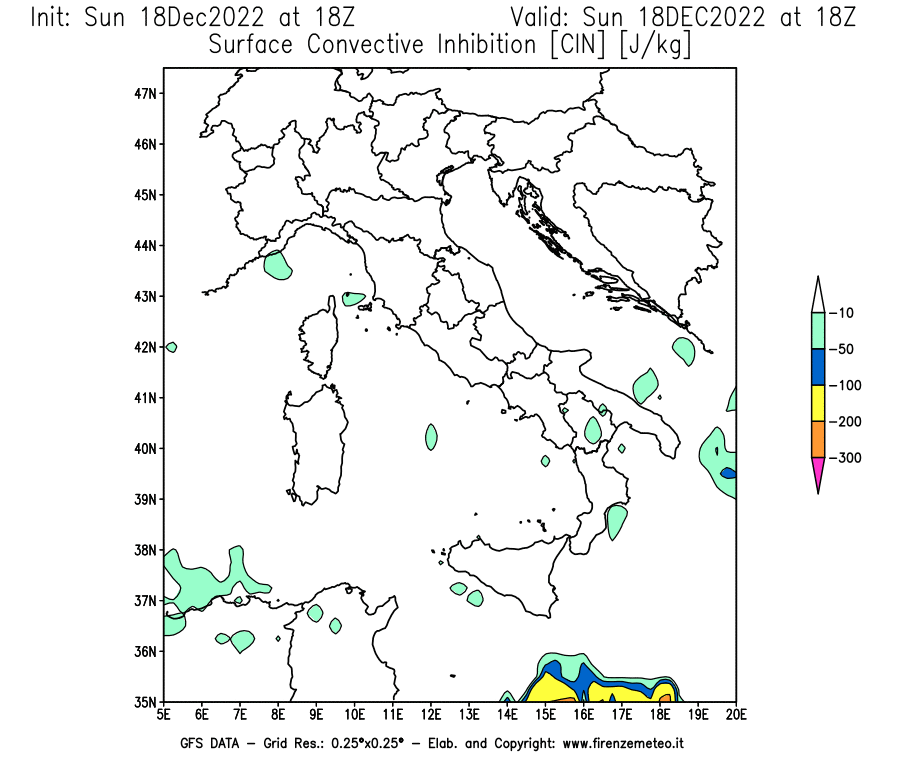 Mappa di analisi GFS - CIN [J/kg] in Italia
							del 18/12/2022 18 <!--googleoff: index-->UTC<!--googleon: index-->