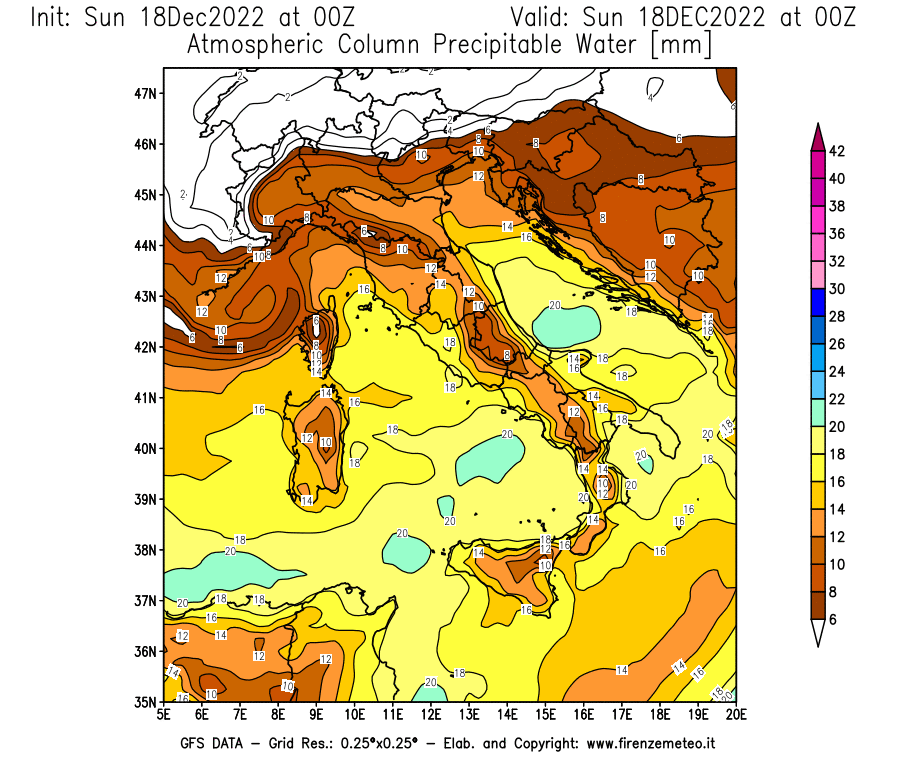 Mappa di analisi GFS - Precipitable Water [mm] in Italia
							del 18/12/2022 00 <!--googleoff: index-->UTC<!--googleon: index-->