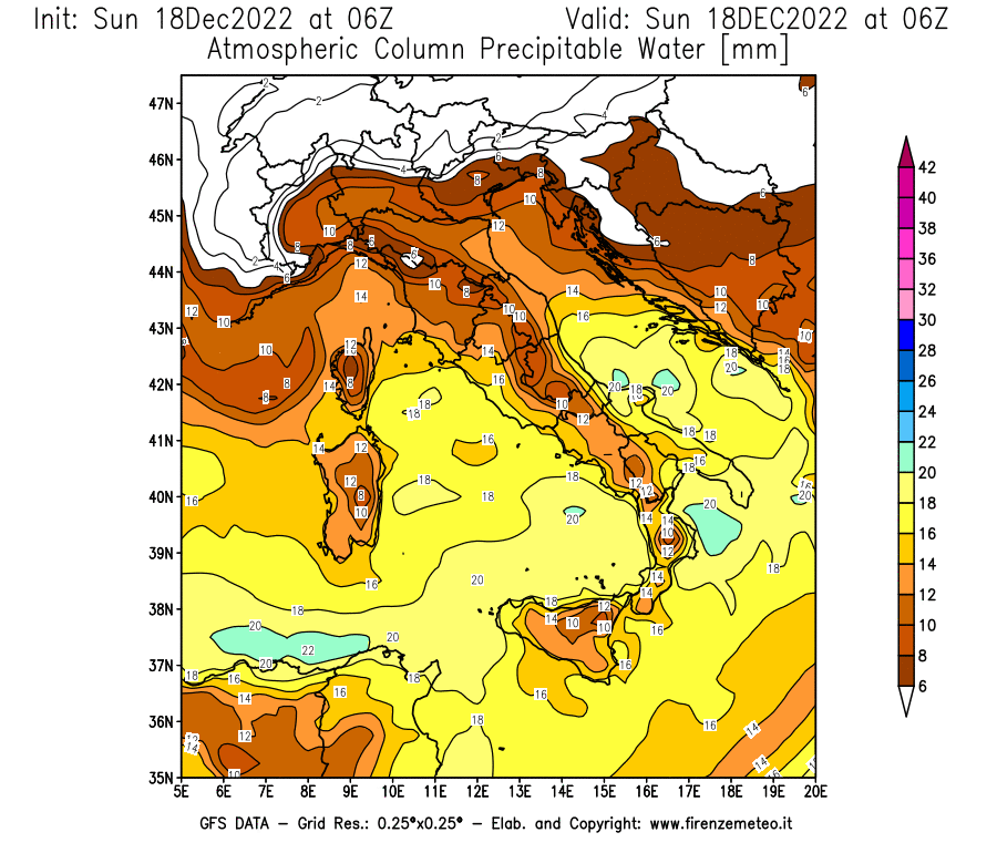 Mappa di analisi GFS - Precipitable Water [mm] in Italia
							del 18/12/2022 06 <!--googleoff: index-->UTC<!--googleon: index-->