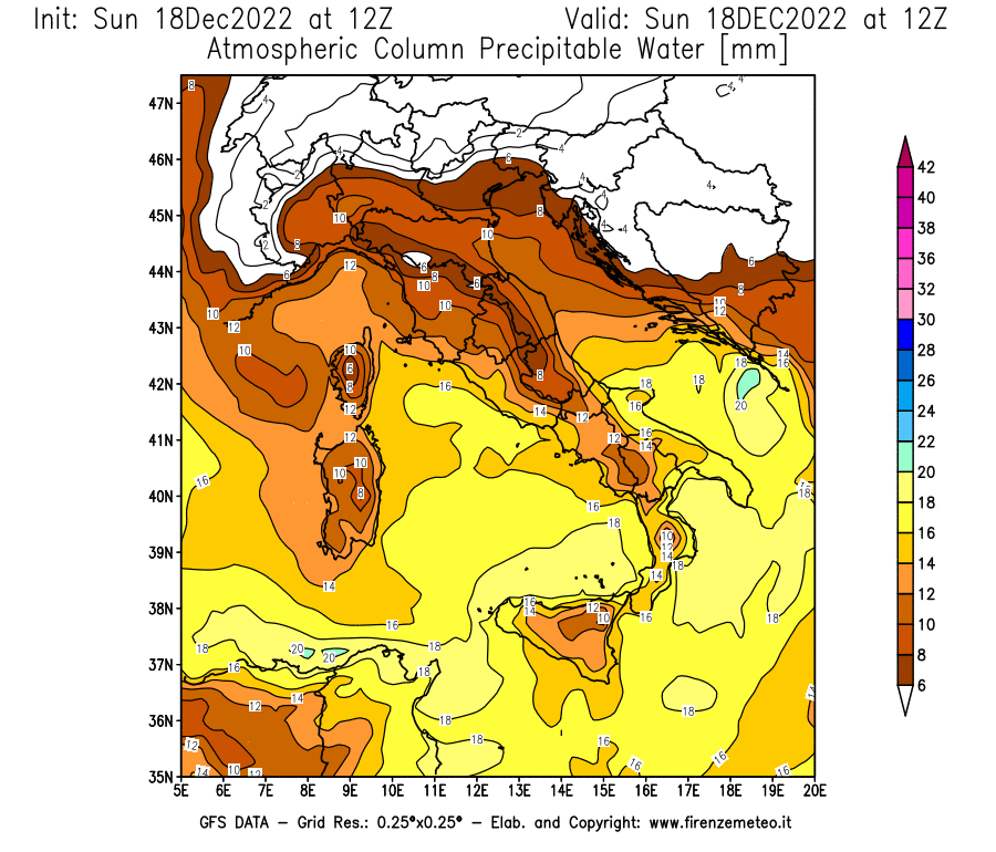 Mappa di analisi GFS - Precipitable Water [mm] in Italia
							del 18/12/2022 12 <!--googleoff: index-->UTC<!--googleon: index-->