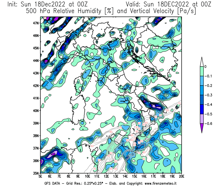 Mappa di analisi GFS - Umidità relativa [%] e Omega [Pa/s] a 500 hPa in Italia
							del 18/12/2022 00 <!--googleoff: index-->UTC<!--googleon: index-->