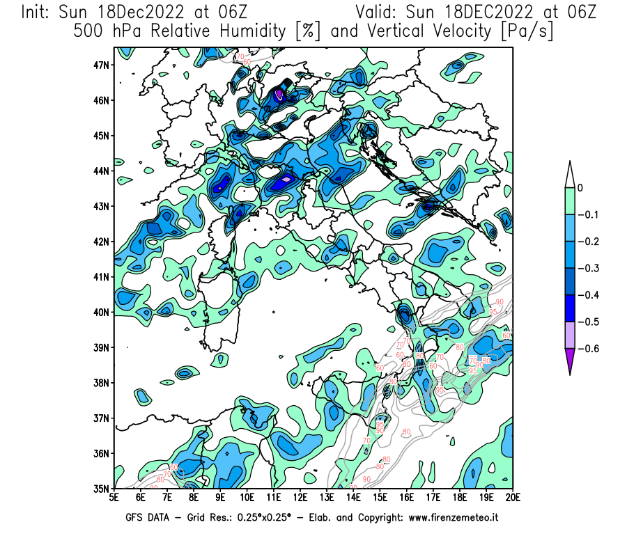Mappa di analisi GFS - Umidità relativa [%] e Omega [Pa/s] a 500 hPa in Italia
							del 18/12/2022 06 <!--googleoff: index-->UTC<!--googleon: index-->