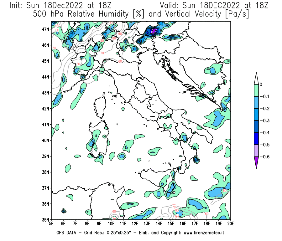 Mappa di analisi GFS - Umidità relativa [%] e Omega [Pa/s] a 500 hPa in Italia
							del 18/12/2022 18 <!--googleoff: index-->UTC<!--googleon: index-->
