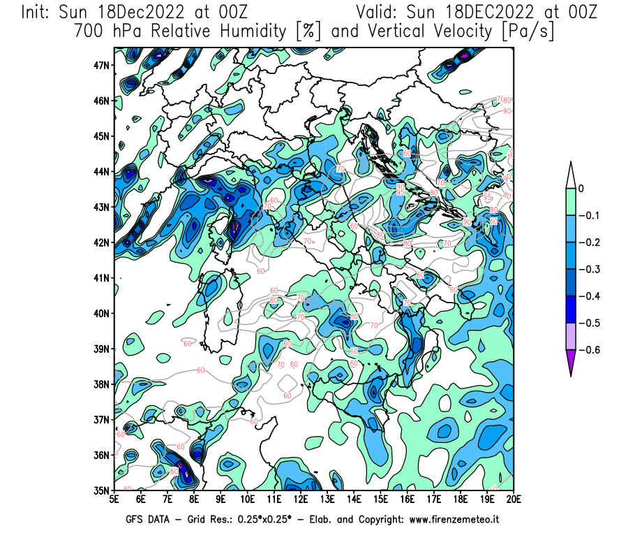 Mappa di analisi GFS - Umidità relativa [%] e Omega [Pa/s] a 700 hPa in Italia
							del 18/12/2022 00 <!--googleoff: index-->UTC<!--googleon: index-->