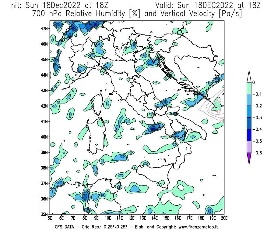Mappa di analisi GFS - Umidità relativa [%] e Omega [Pa/s] a 700 hPa in Italia
							del 18/12/2022 18 <!--googleoff: index-->UTC<!--googleon: index-->