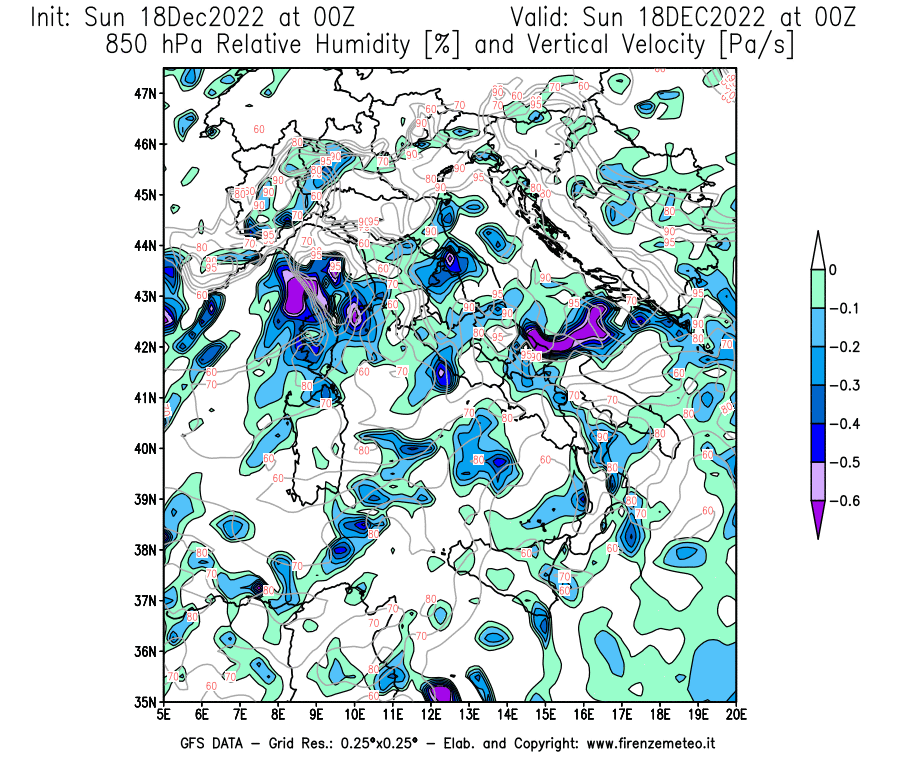 Mappa di analisi GFS - Umidità relativa [%] e Omega [Pa/s] a 850 hPa in Italia
							del 18/12/2022 00 <!--googleoff: index-->UTC<!--googleon: index-->