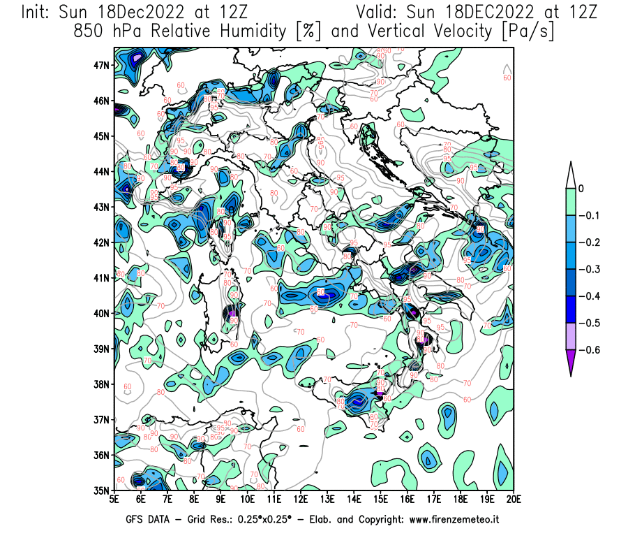 Mappa di analisi GFS - Umidità relativa [%] e Omega [Pa/s] a 850 hPa in Italia
							del 18/12/2022 12 <!--googleoff: index-->UTC<!--googleon: index-->