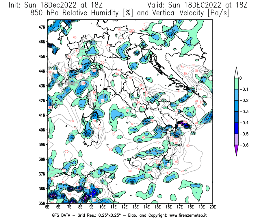 Mappa di analisi GFS - Umidità relativa [%] e Omega [Pa/s] a 850 hPa in Italia
							del 18/12/2022 18 <!--googleoff: index-->UTC<!--googleon: index-->