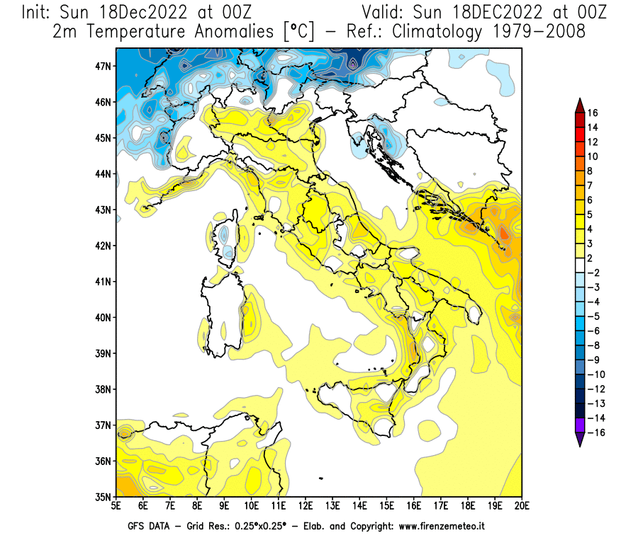 Mappa di analisi GFS - Anomalia Temperatura [°C] a 2 m in Italia
							del 18/12/2022 00 <!--googleoff: index-->UTC<!--googleon: index-->