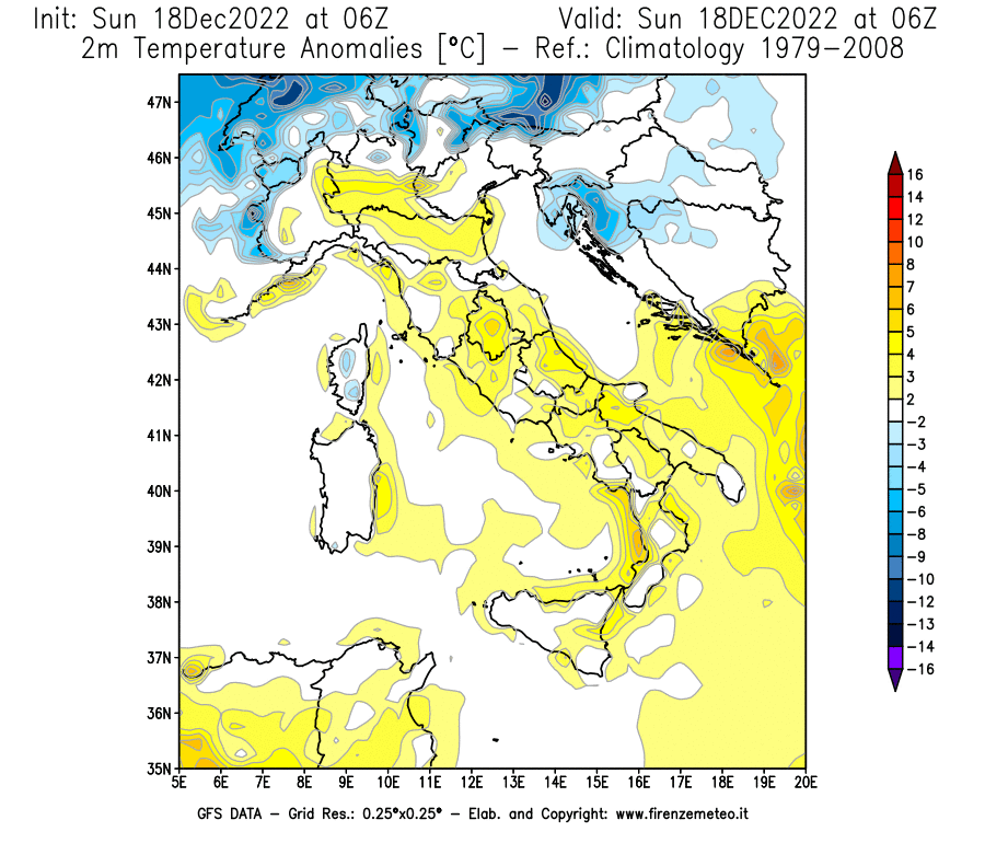 Mappa di analisi GFS - Anomalia Temperatura [°C] a 2 m in Italia
							del 18/12/2022 06 <!--googleoff: index-->UTC<!--googleon: index-->