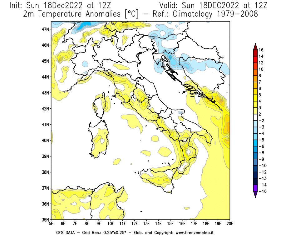 Mappa di analisi GFS - Anomalia Temperatura [°C] a 2 m in Italia
							del 18/12/2022 12 <!--googleoff: index-->UTC<!--googleon: index-->