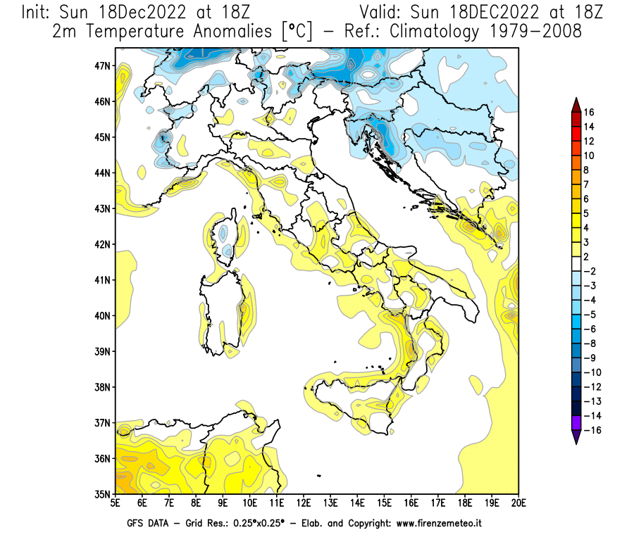 Mappa di analisi GFS - Anomalia Temperatura [°C] a 2 m in Italia
							del 18/12/2022 18 <!--googleoff: index-->UTC<!--googleon: index-->