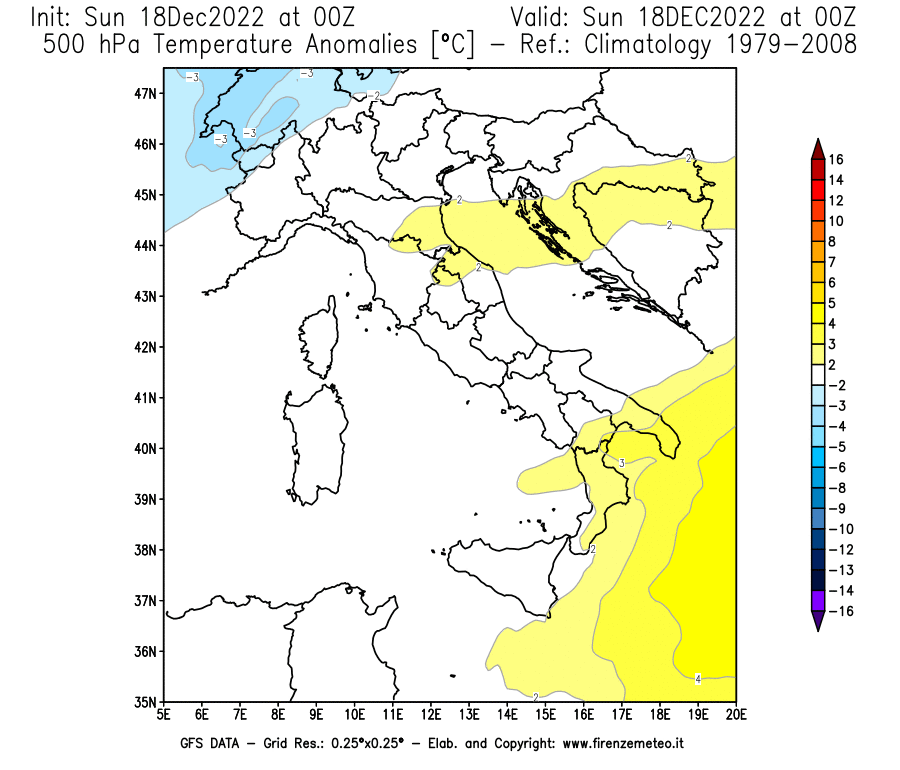 Mappa di analisi GFS - Anomalia Temperatura [°C] a 500 hPa in Italia
							del 18/12/2022 00 <!--googleoff: index-->UTC<!--googleon: index-->