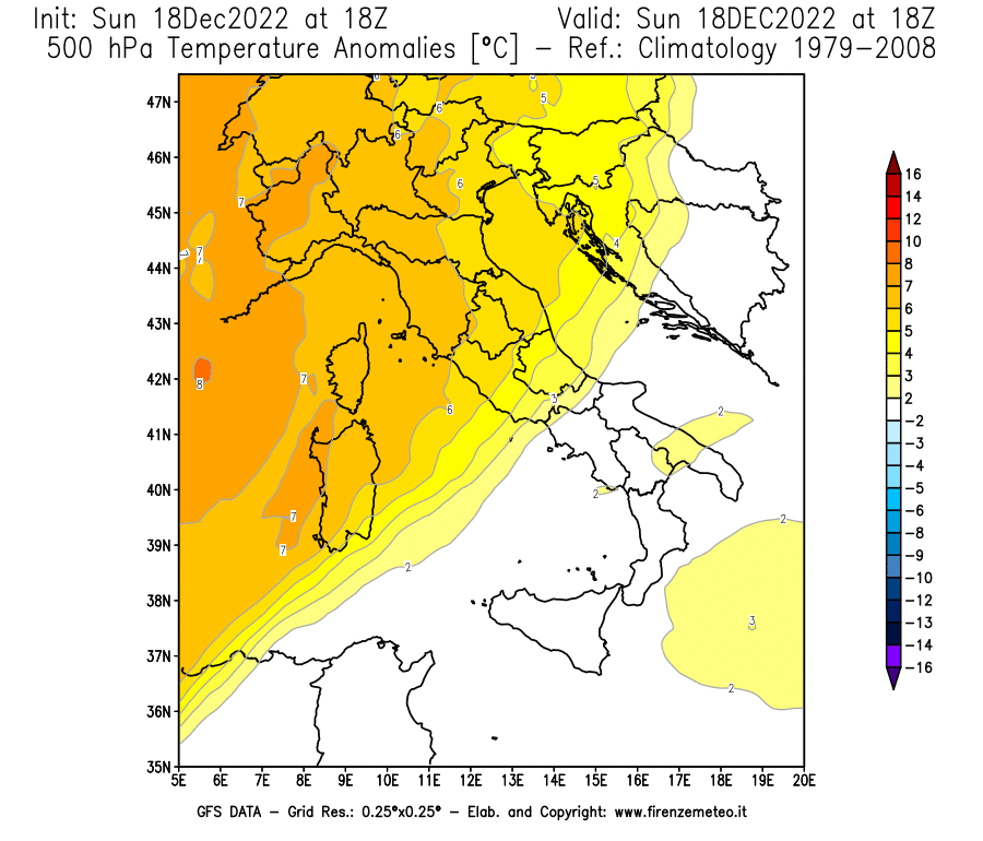 Mappa di analisi GFS - Anomalia Temperatura [°C] a 500 hPa in Italia
							del 18/12/2022 18 <!--googleoff: index-->UTC<!--googleon: index-->