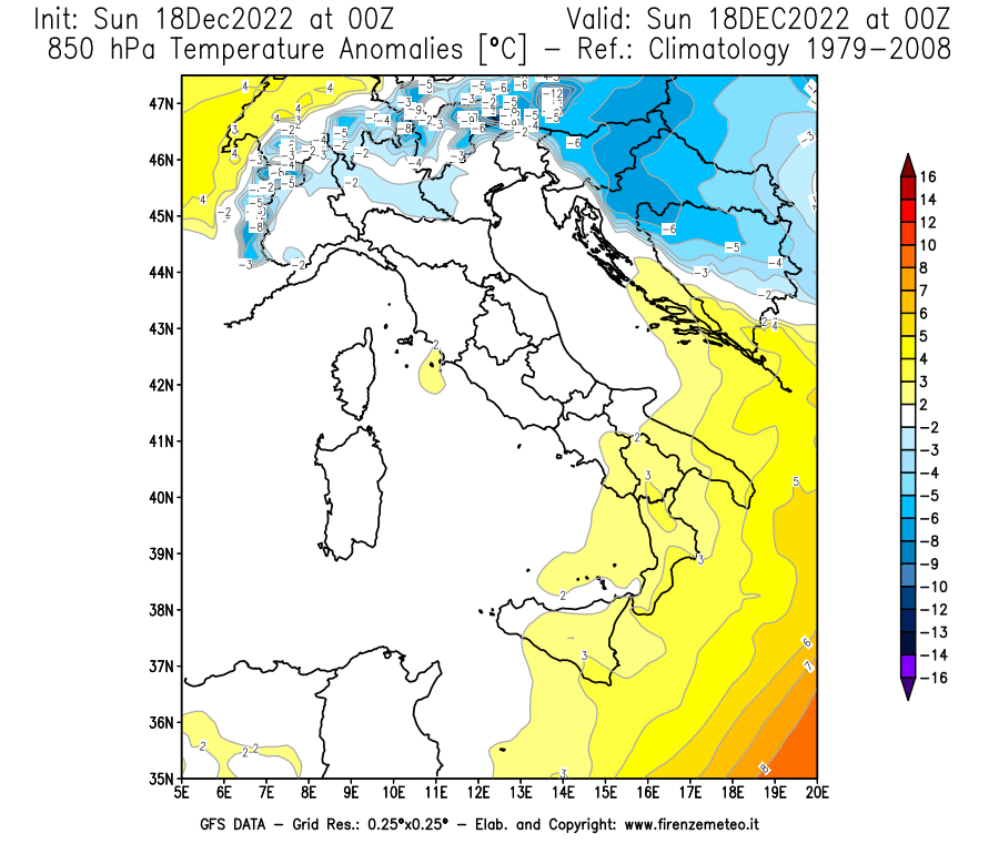 Mappa di analisi GFS - Anomalia Temperatura [°C] a 850 hPa in Italia
							del 18/12/2022 00 <!--googleoff: index-->UTC<!--googleon: index-->