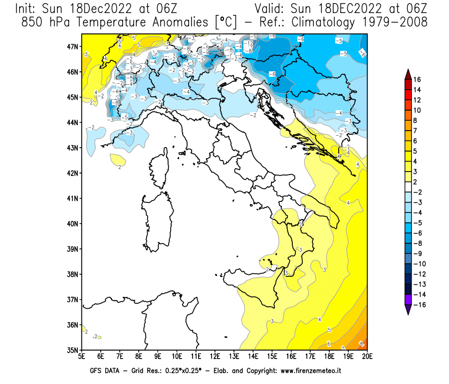 Mappa di analisi GFS - Anomalia Temperatura [°C] a 850 hPa in Italia
							del 18/12/2022 06 <!--googleoff: index-->UTC<!--googleon: index-->