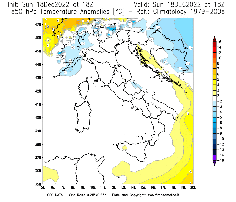 Mappa di analisi GFS - Anomalia Temperatura [°C] a 850 hPa in Italia
							del 18/12/2022 18 <!--googleoff: index-->UTC<!--googleon: index-->