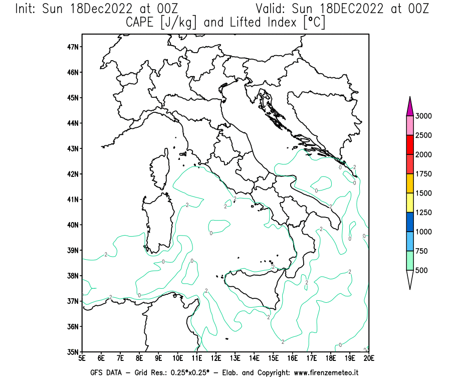 Mappa di analisi GFS - CAPE [J/kg] e Lifted Index [°C] in Italia
							del 18/12/2022 00 <!--googleoff: index-->UTC<!--googleon: index-->