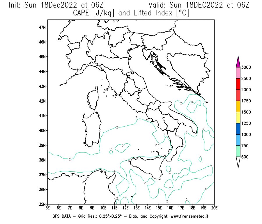 Mappa di analisi GFS - CAPE [J/kg] e Lifted Index [°C] in Italia
							del 18/12/2022 06 <!--googleoff: index-->UTC<!--googleon: index-->