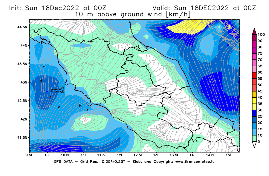 Mappa di analisi GFS - Velocità del vento a 10 metri dal suolo [km/h] in Centro-Italia
							del 18/12/2022 00 <!--googleoff: index-->UTC<!--googleon: index-->