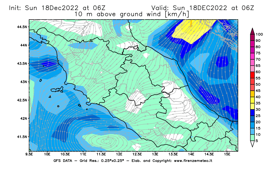 Mappa di analisi GFS - Velocità del vento a 10 metri dal suolo [km/h] in Centro-Italia
							del 18/12/2022 06 <!--googleoff: index-->UTC<!--googleon: index-->