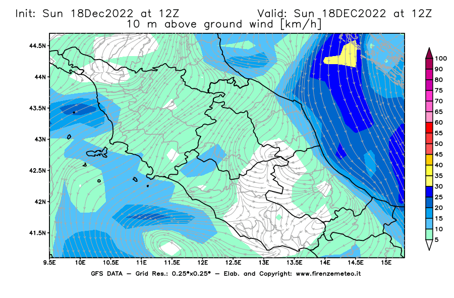Mappa di analisi GFS - Velocità del vento a 10 metri dal suolo [km/h] in Centro-Italia
							del 18/12/2022 12 <!--googleoff: index-->UTC<!--googleon: index-->