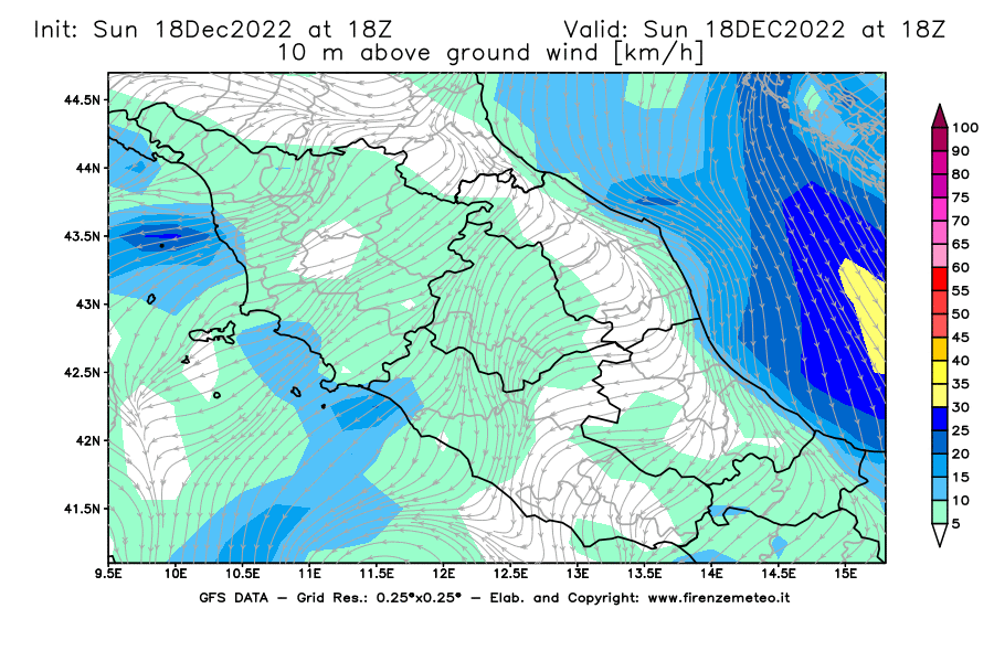 Mappa di analisi GFS - Velocità del vento a 10 metri dal suolo [km/h] in Centro-Italia
							del 18/12/2022 18 <!--googleoff: index-->UTC<!--googleon: index-->