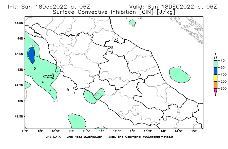 Mappa di analisi GFS - CIN [J/kg] in Centro-Italia
							del 18/12/2022 06 <!--googleoff: index-->UTC<!--googleon: index-->